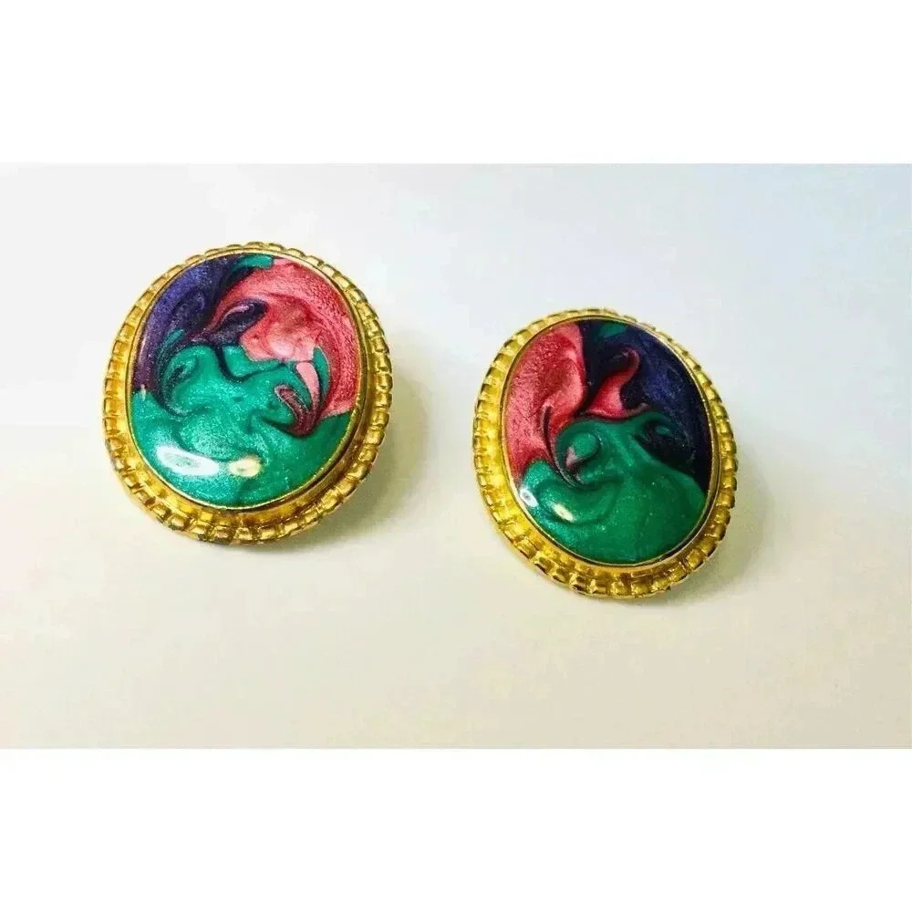Vintage Womens Multicolor Gold‎ Trim Swirl Enamel Psychedelic Pierced Earrings